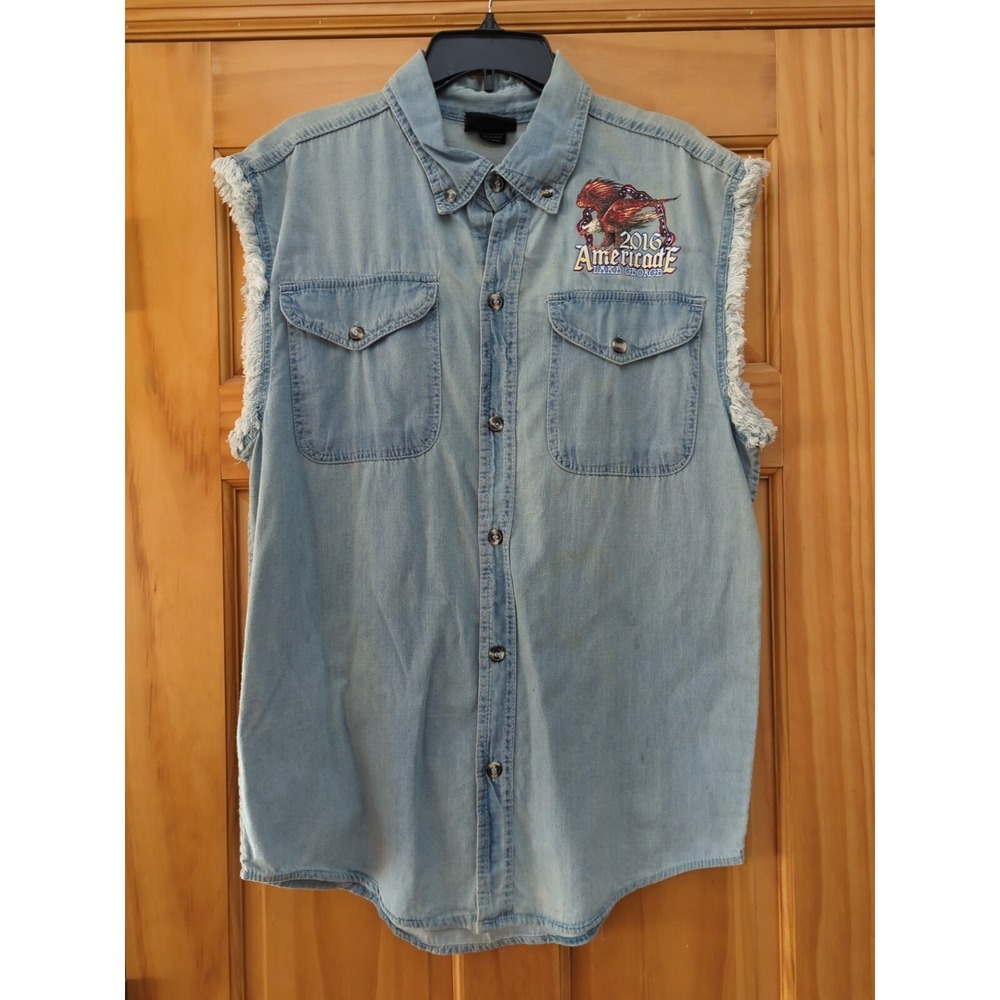 2016 Americade Biker‎ Denim Vest Mens M Blue Sleeveless Lake George Motorcycle